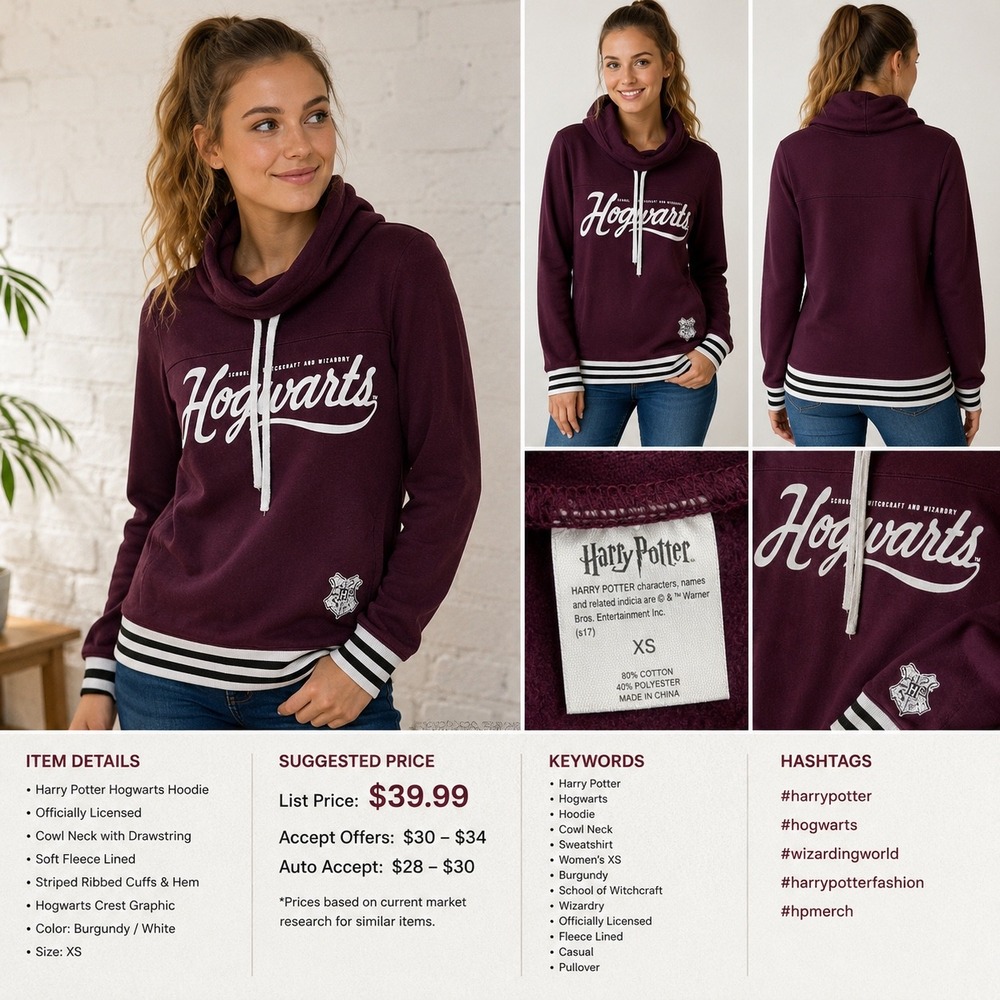 Harry Potter Hogwarts Cowl Neck Sweatshirt XS Maroon Burgundy Varsity Pullover